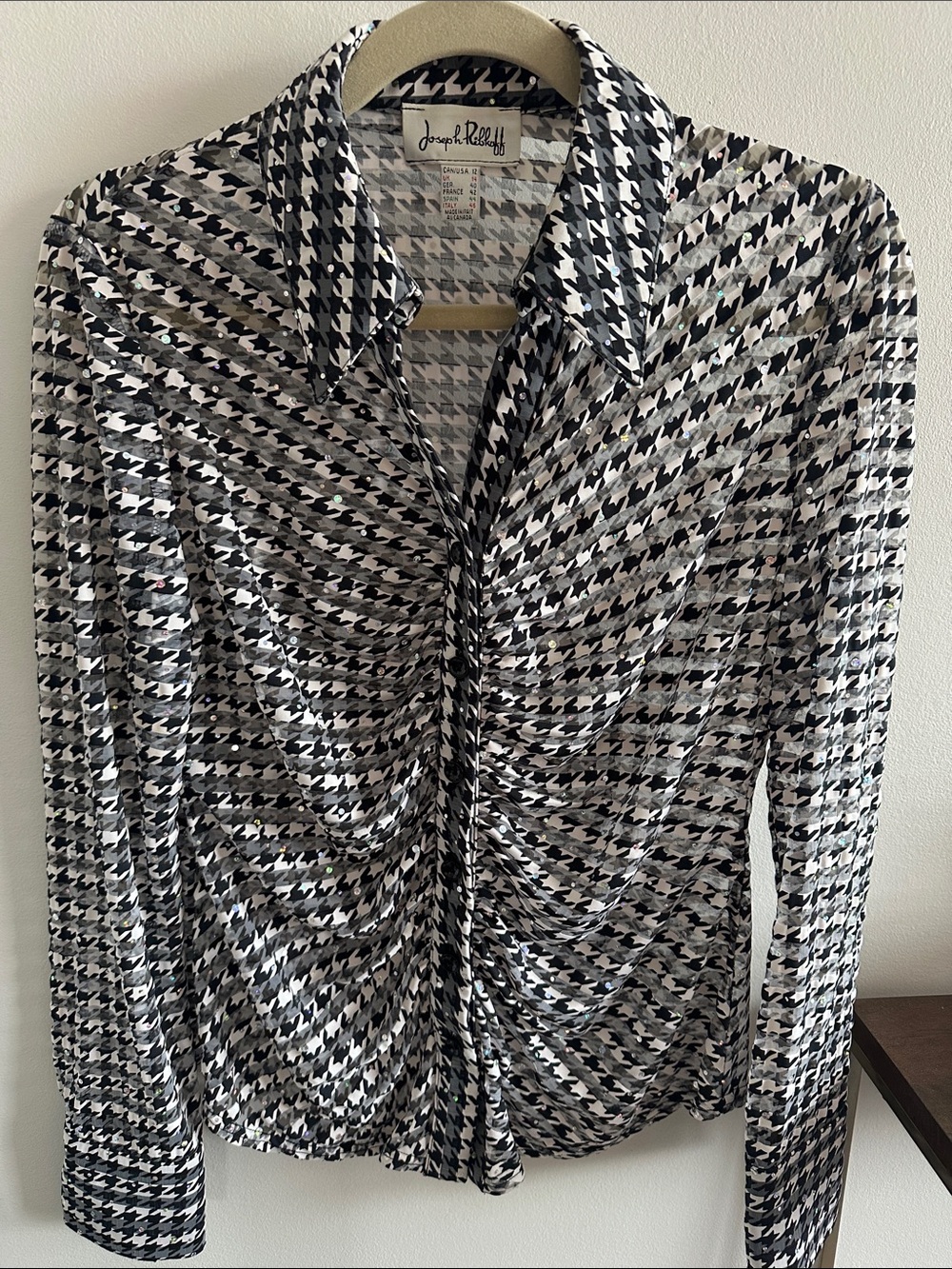 Joseph Ribkoff Black and White Houndstooth Ruched Shirt